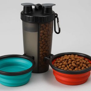 Two In One Dog Water Bottle Food Container Portable Pet Travel Feeder With Dual Collapsible Bowls For Hiking Walking